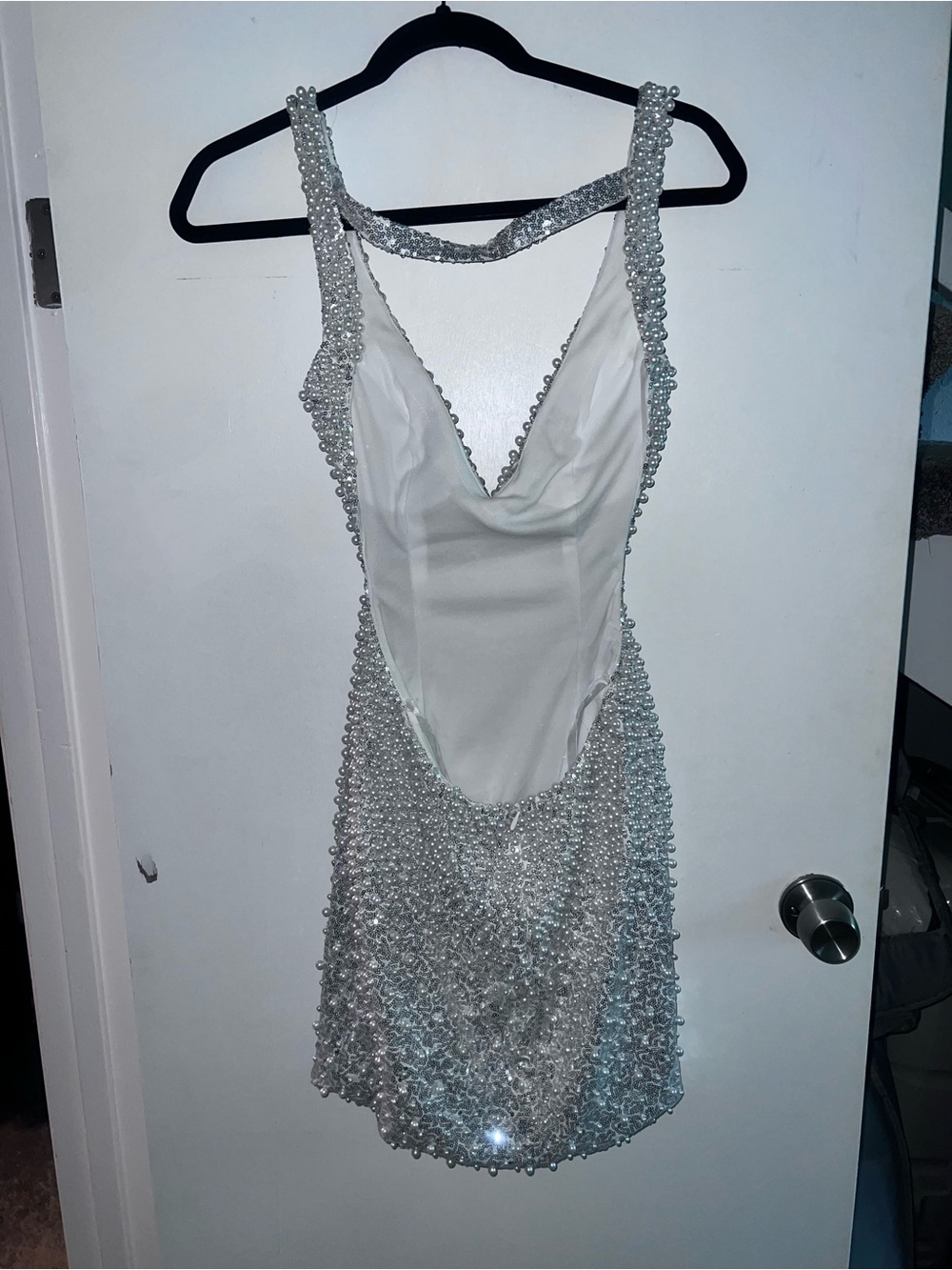 Pearl-Embellished Silver Evening Dress